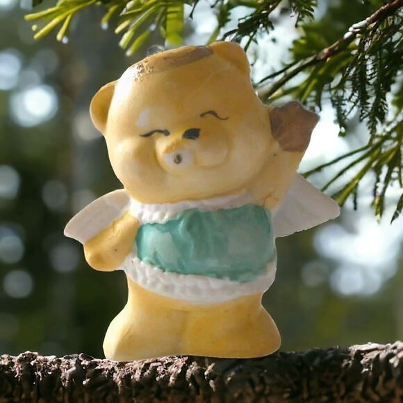 Vintage Ceramic Teddy Bear Ornament Handpainted 1980s Guardian Angel Wings - Picture 15 of 16